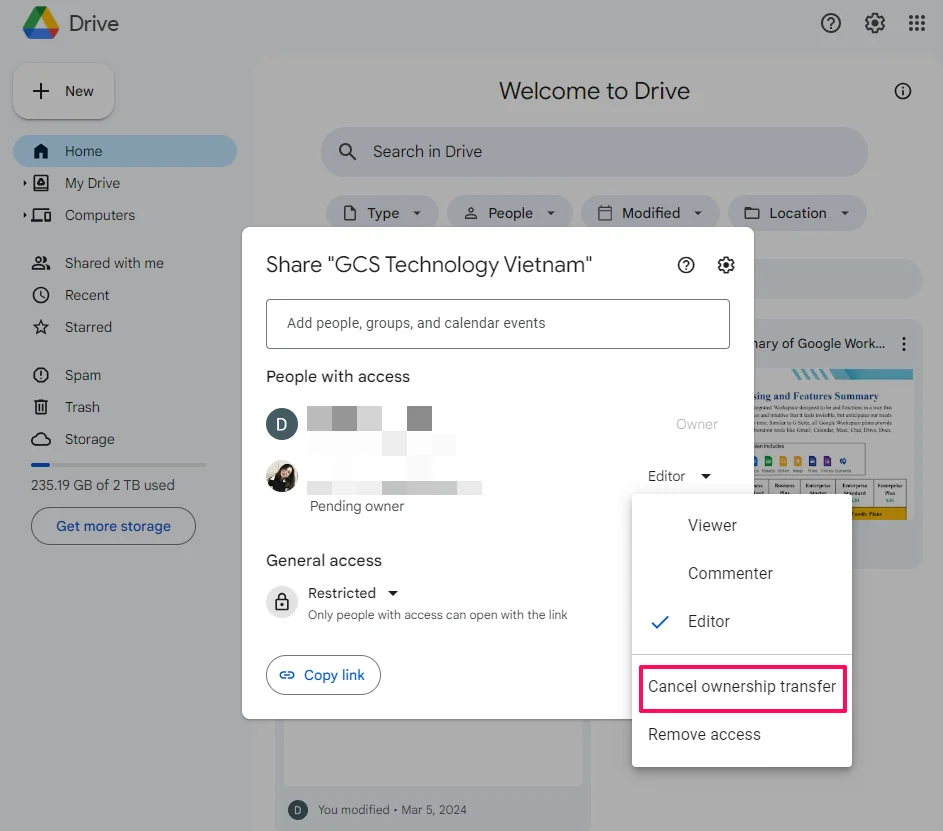 Các bước hủy chuyển quyền sở hữu Google Drive bước 1
